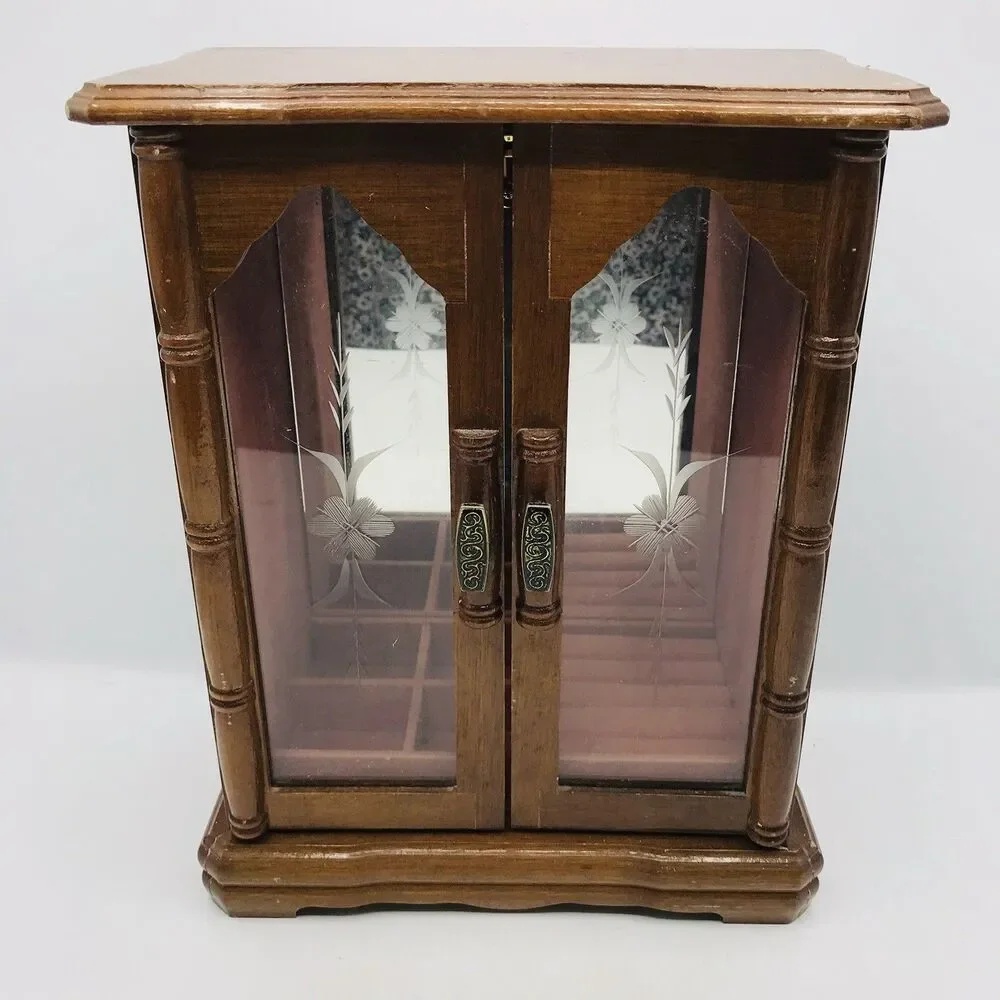 Vintage Powell Wooden Jewelry Box Armoire Etched Glass, Wheel, Taiwan  11.5x9x5